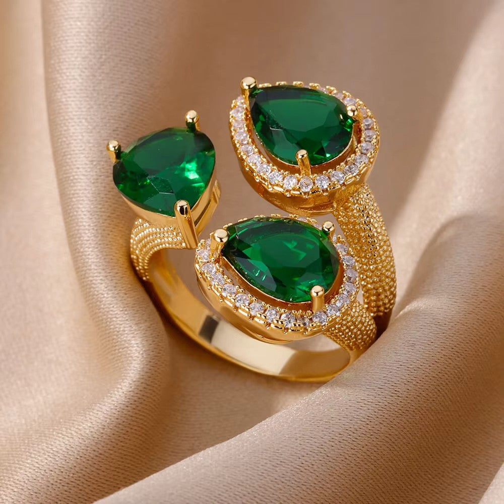 Anéis de Luxo em Aço Inoxidável Banhado a Ouro Pedra Colorida Zircônia Cristal Coração Anel Feminino Casamento Joias Boho Presente de Natal