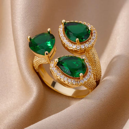 Anéis de Luxo em Aço Inoxidável Banhado a Ouro Pedra Colorida Zircônia Cristal Coração Anel Feminino Casamento Joias Boho Presente de Natal
