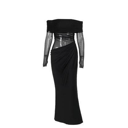 Y2k Summer New Solid Color Long Sleeve Off Shoulder Dresses Sexy Wrap Hip Mesh S