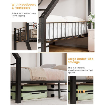 Twin XL Over Queen Bunk Bed, Heavy Duty Bunk Bed with Safety Ladder and Full-Length Guardrails, Metal Queen Bed Frame