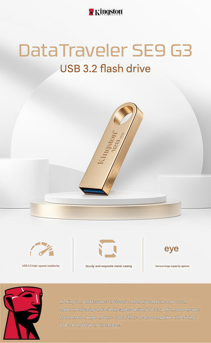 Pen Drive Kingston SE9G3, USB 3.2, Mini Pen Drive de Metal Criativo de Alta Velocidade para Escritório/Negócios/Carro