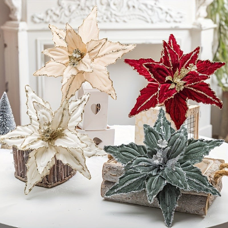 1/4pcs Christmas Holiday Decorative Flowers Artificial Flowers,Shiny Sequin Velvet Christmas Flowers 25.91cm,  home decor