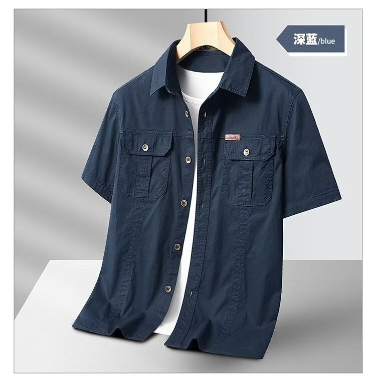 New Summer Men's Short Shirt Korean Casual Oversized Navy Blue Cargo Shirt Classic Retro Men Clothing Outdoor Sports Durable Top