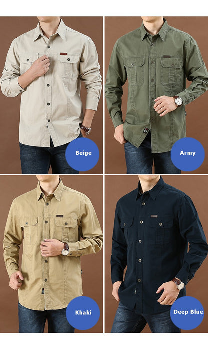 100% Cotton High Quality Spring Fall Fashion Men's Long-Sleeve Solid Color Casual Shirt Multi Pocket 6XL Large Size Cargo Jacket