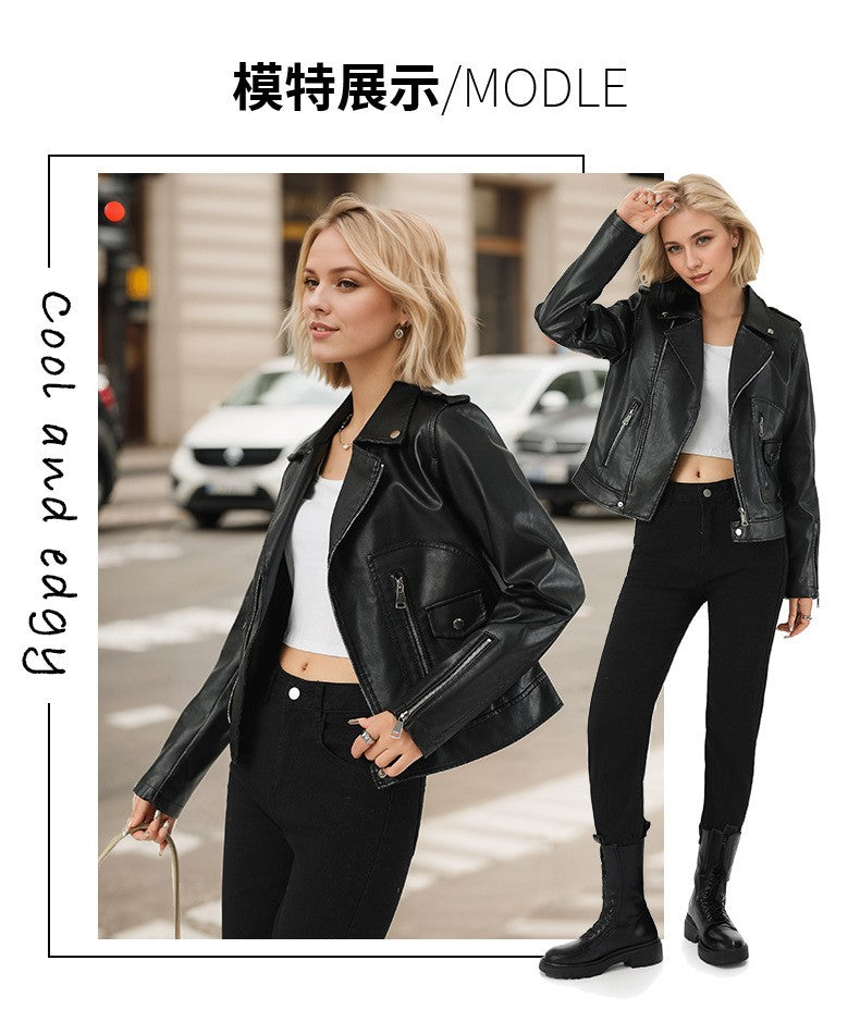 Women's Short-Length Black Leather Jacket for Fall, Fashionable Casual PU Jackets, Sizes: S M L XL.