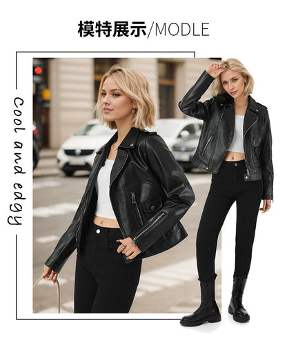 Women's Short-Length Black Leather Jacket for Fall, Fashionable Casual PU Jackets, Sizes: S M L XL.