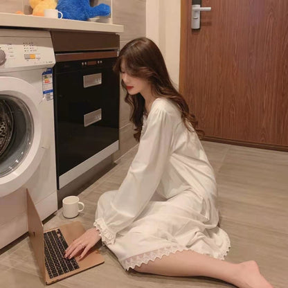 Sweet Princess Style Pajamas Solid Color Fashion Long-Sleeved Soft Home Wear Women's Retro Leisure Dress Lace Ruffled Nightgowns