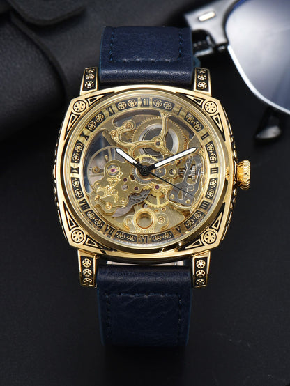 LONGLUX automatic watch retro style wholesale mechanical wristwatches skeleton carve waterproof leather no logo mens watch