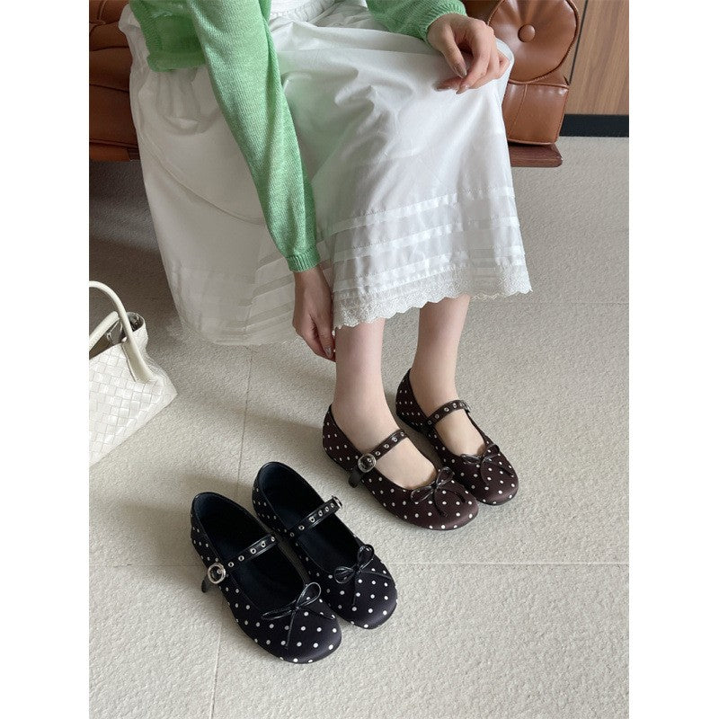 Designer Polka Dot Ballet Flats for Women Sweet Bow Decoration Elegant Mary Jane Shoes Fashion Buckle Shallow Comfort Dress Shoe