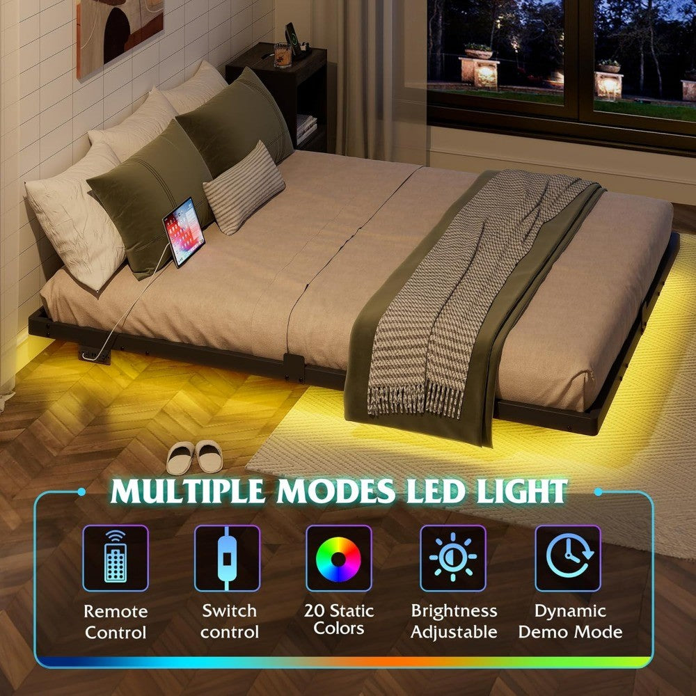 Floating LED Bed Frame with Charging Station | Heavy-Duty Metal Platform, Easy Assembly, No Noise