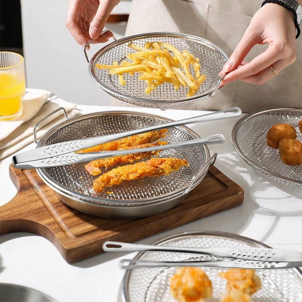 Stainless Steel Mesh Strainer Basket with Barbecue Tongs Multi-Functional Filter Drain Tray for Fried Foods Desserts Vegetables