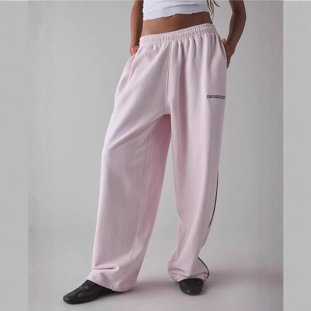 Pantalones Casuales New Pink Embroidered Casual Pants For Women Loose And Comfortable Straight Elastic Waist Trousers 2025 New