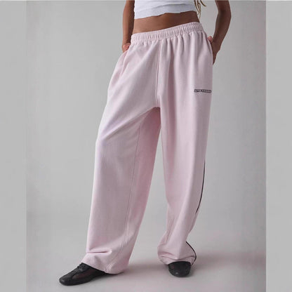 Pantalones Casuales New Pink Embroidered Casual Pants For Women Loose And Comfortable Straight Elastic Waist Trousers 2025 New
