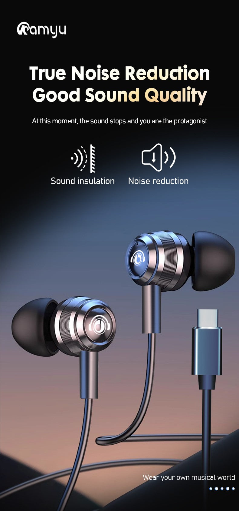 Fones de ouvido com fio J109, qualidade de som superior, fones de ouvido intra-auriculares com conector tipo C e 3,5 mm, fones de ouvido estéreo HiFi de metal com microfone