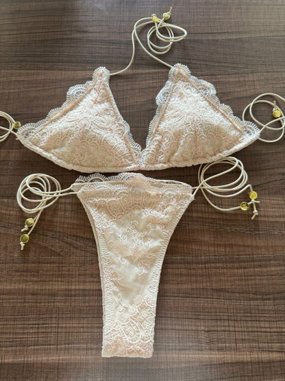 ZRTAK Micro Thong Triangle Swimwear Sexy Lace Bikini Set 2025 Swimsuit Women 2 Piece Beachwear Bandage Bathing Suits Beach Wear