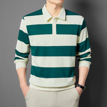 2025 Men's New Striped Long Sleeved Polo Shirt Casual Fashion Autumn Winter Versatile Top