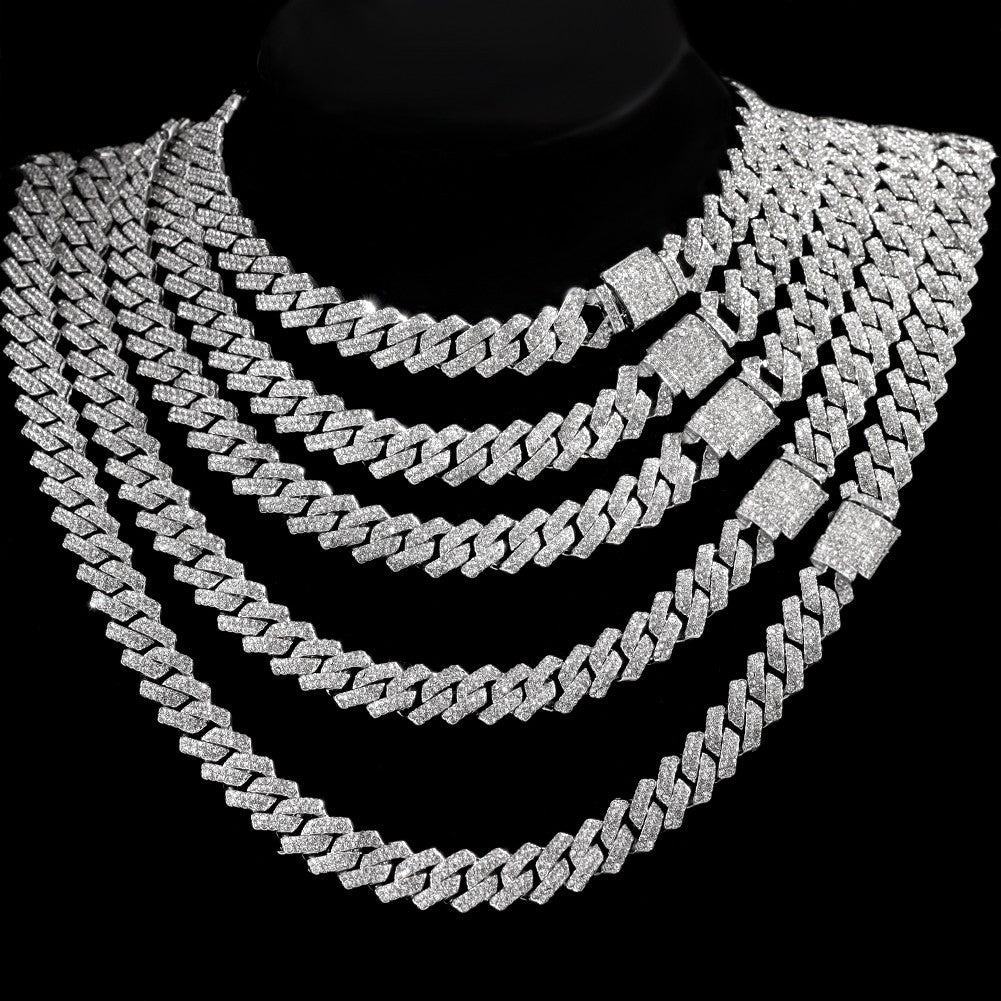 HipHop Men Women 14MM Prong Cuban Link Chain Necklace Bling Iced Out 2 Row Rhinestone Paved Miami Rhombus Cuban Necklace Jewelry