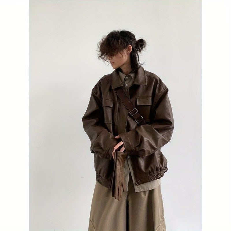 Motorcycle Leather Jacket Men Bomber Pilot Retro Loose Pu Short Coat Japanese Casual Streetwear Multi Pocket Trend Outwear New