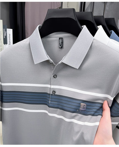 Advanced trend brand men's short sleeve polo shirt luxury striped summer breathable casual fashion letter embossed new T-shirt