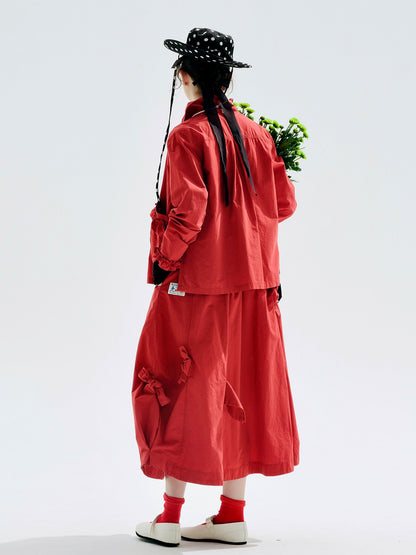 imakokoni 2025 Early Autumn Artistic Washed Braided Bow Half-Dress Casual Retro Women's A-Line Skirt255188