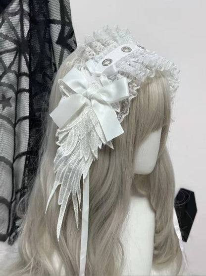 Women Japanese Lolita Kawaii Cute Headband Gothic Kawaii Lace Patchwork Hair Band Bow Wing ?y2k Aesthetic Cosplay Accessories