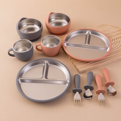 5PCS Stainless Steel Dishes Plate Baby Feeding Set With Detachable Silicone Sucker Bowl BPA Free Infant Fork Spoon Cup Gifts