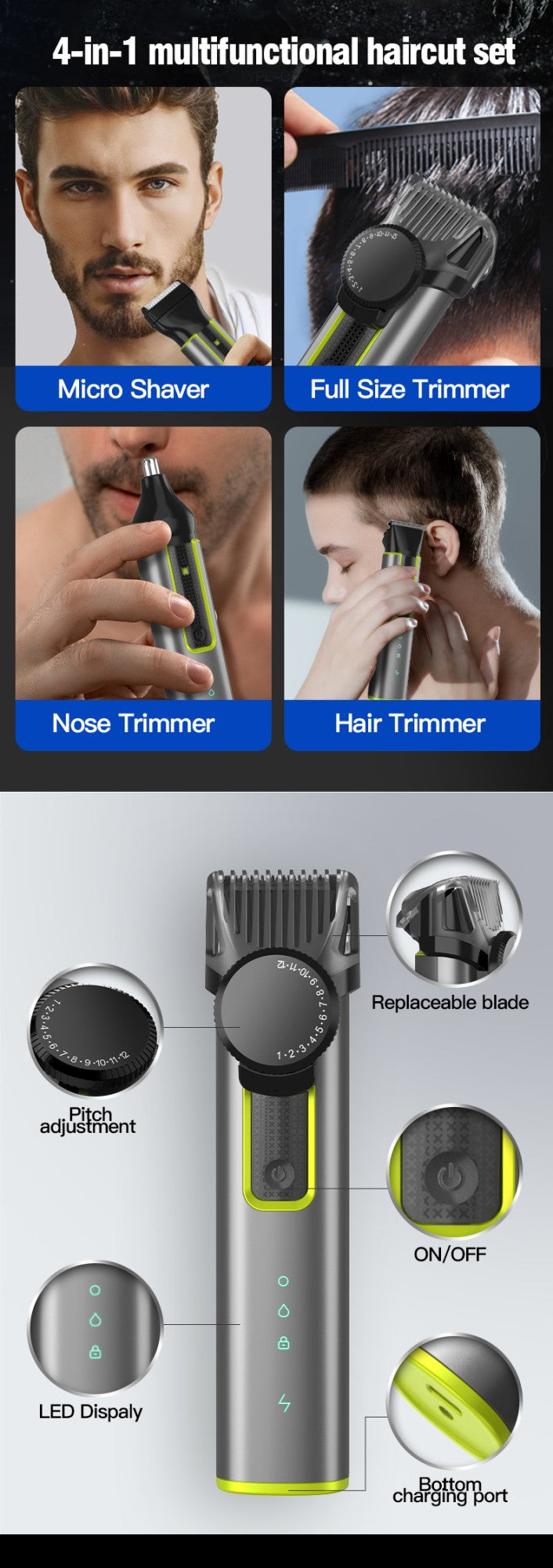 IRUIBEAUTY 4-in-1 Hair Trimmer Electric Hair Clipper IPX5 Waterproof Hair Cutting Machine Adjustable Shaver Nose Trimmer for Men