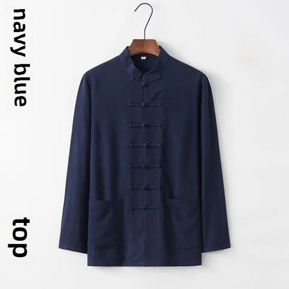 Spring Summer Long Sleeve Thin Men's Shirt Tang Suit Bamboo Cotton Linen Casual Vintage Chinese Style Kung Fu Tai Chi Tea Shirt