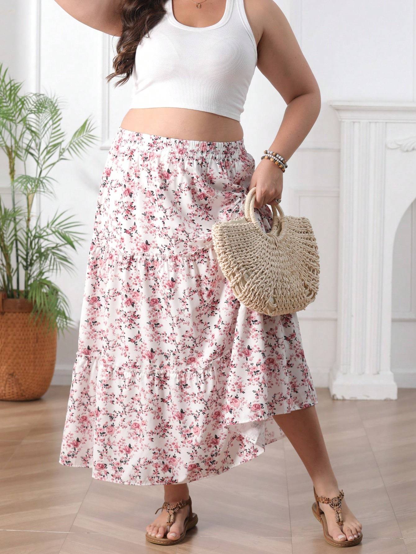 Plus size women's printed holiday style skirt spliced A-line skirt