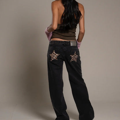ONE DILEMMA Five-Pointed Star Print High Waited Jeans New Street Harajuku Baggy Jeans Women Clothing Casual Straight Denim Pants