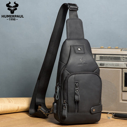 HUMERPAUL Men's Usb Chest Bag 100% Genuine Leather Crossbody Shoulder Bags Multifunction Travel Outdoor Messenger Pack Fashion