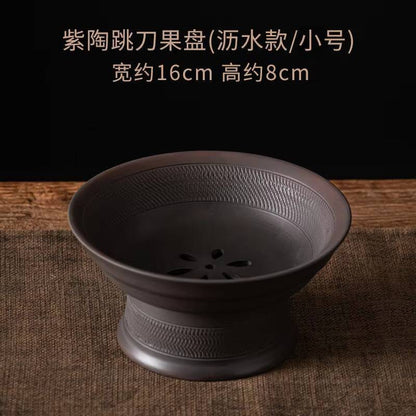 Qingxi Purple Pottery Tea Pastry Plate Handmade High Foot Dried Fruit Snack Large Integrated Drain Dessert Candy Dish Gift