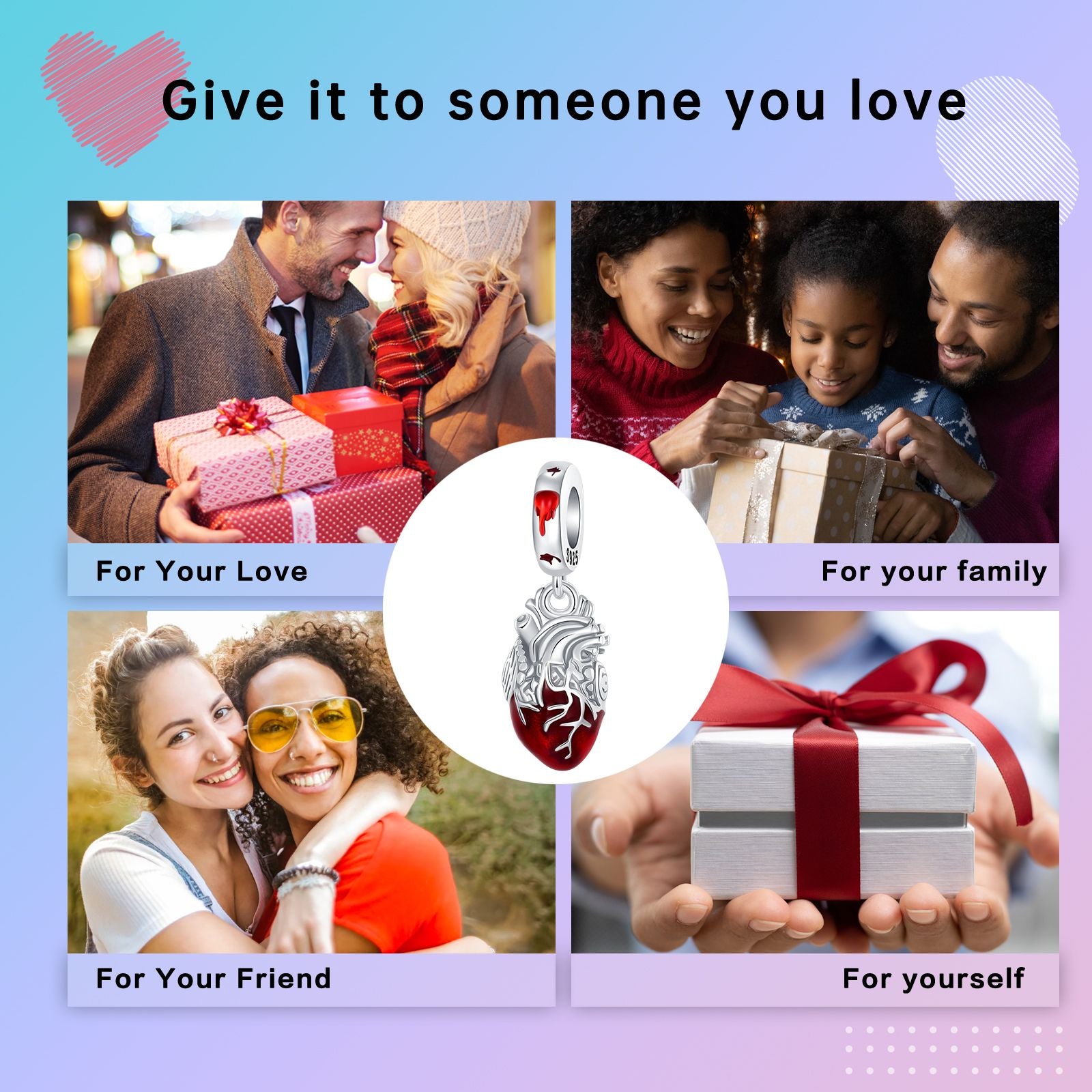 Hot Sale Charms Bead 925 Sterling Silver Red Heart Dangle Pendant Fit Bangle Bracelet Necklace DIY Jewelry