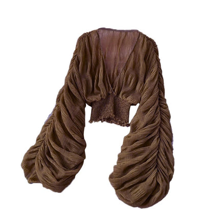 Summer Sexy Draped Chiffon Blouse For Women Elegant V-Neck Puff Long Sleeve Short Tops Female Slim Party Shirts 2022 New Fashion