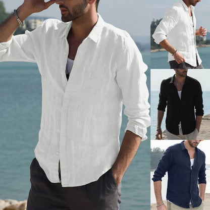 Men's Shirt Long-sleeved White Button Casual Top Simple Youth Black Blouses for Male