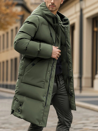 Casaco Masculino Pesado de Inverno Corta-Vento para Frio com Zíper Completo, Capuz Longo e Bolsos Frontais Grandes