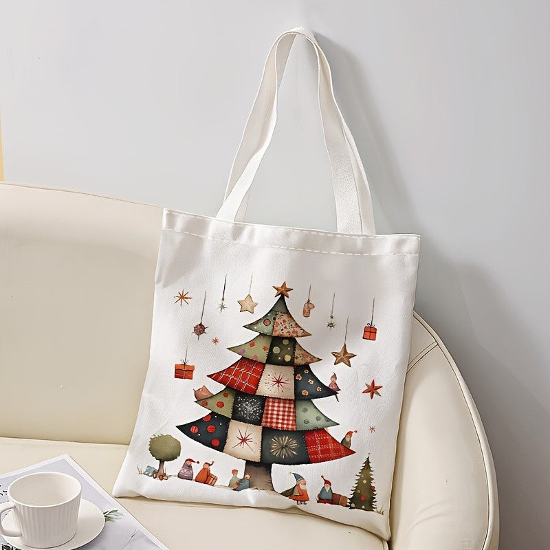 Christmas Gnome and Tree Pattern Tote Bag Casual Shoulder Shopping Bag Reusable Fashion Multi-functional Handbag Holiday Gift