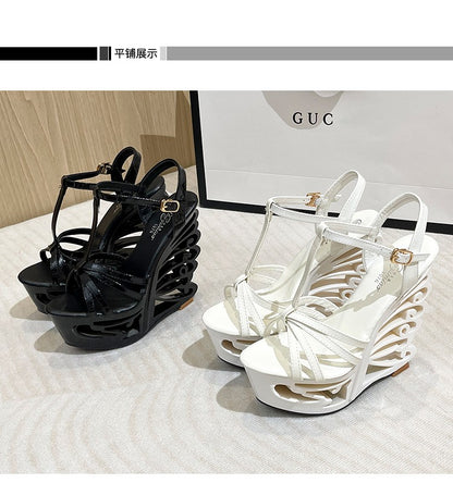 2022 New High Heels Women Pumps Thick Platform Buckle Strap Nightclub Shoes Catwalk Model Show 14.5CM Hollow Out Wedge Sandals