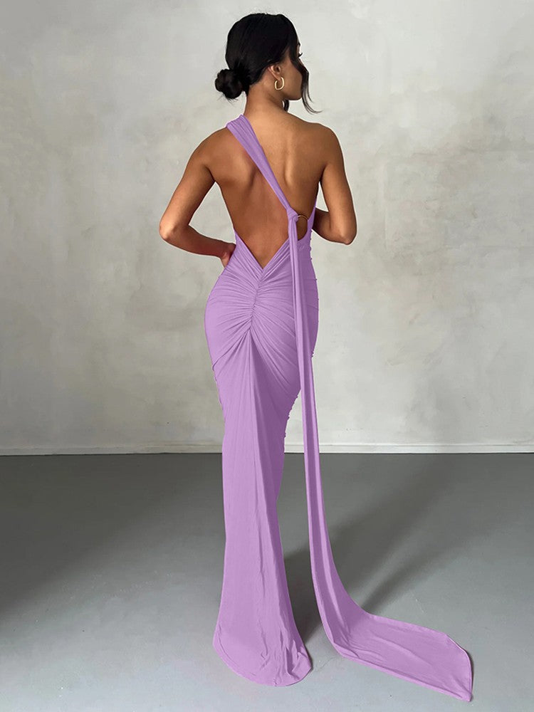 Hugcitar One Shoulder Backless Adjustable Scarf Loop Ruched Sexy Maxi Dress Wome