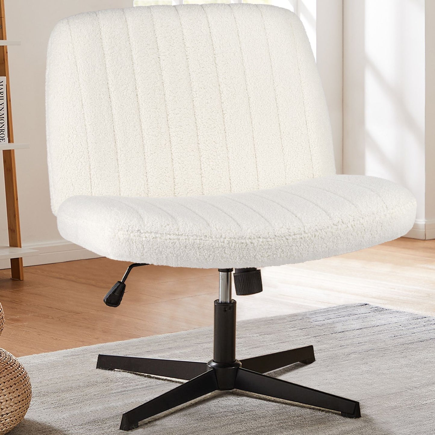 Cadeira de escritório JHK com pernas cruzadas, para sala de estar, cadeira de balanço, para jogos, sem braços, escrivaninha larga, giratória ajustável, tecido, para tarefas, penteadeira, escritório doméstico