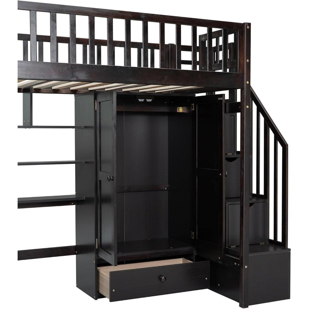 Designs Twin Loft Bed with Stairs, Wardrobe, Desk, Bookshelf and Drawers, Solid Wood Loft Bed Frame with Storage - Espresso