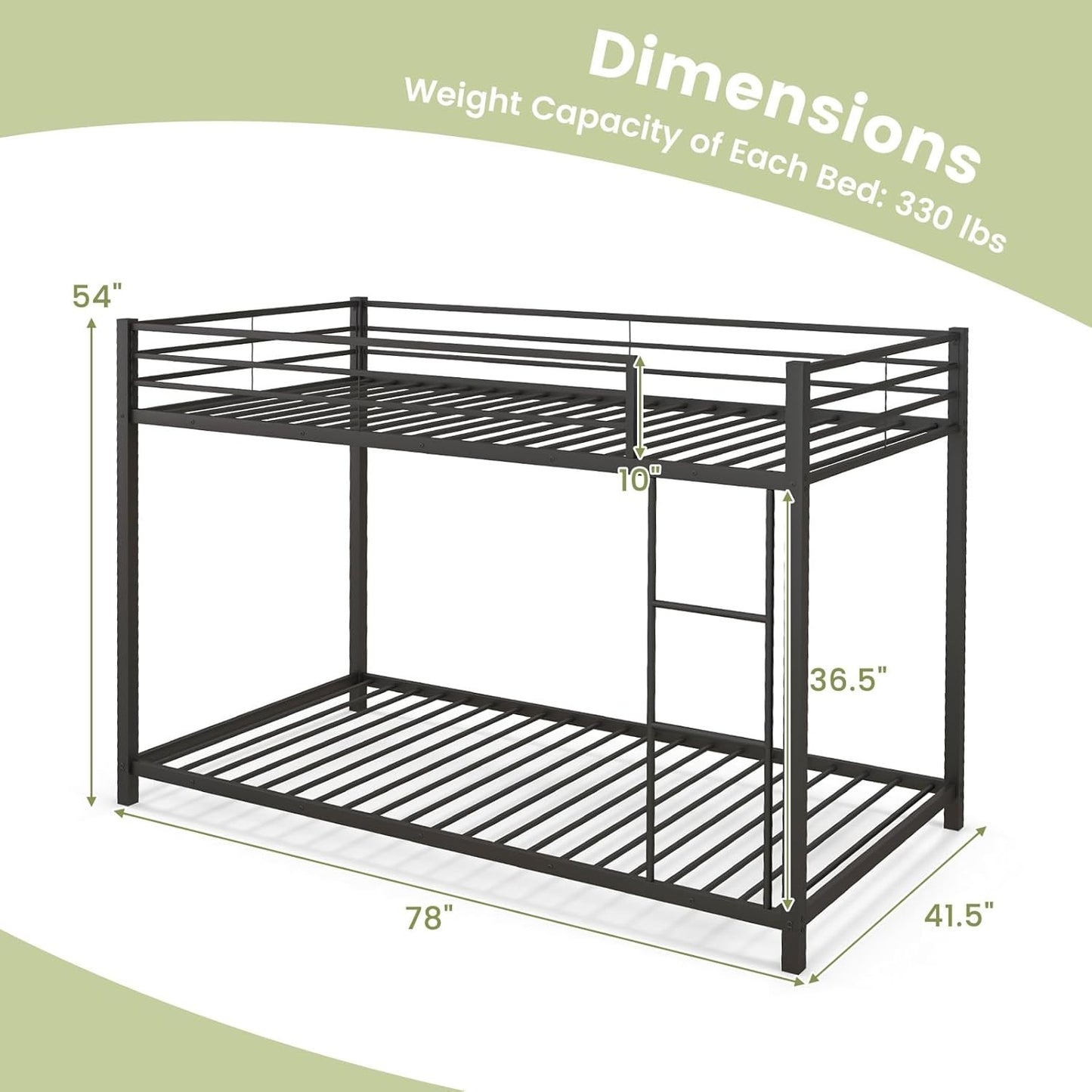 Metal Bunk Bed Twin Over Twin, Low Profile Bunk Bed Frame with Ladder & Full Length Guardrail, Space-Saving Twin Size Be