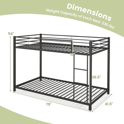 Metal Bunk Bed Twin Over Twin, Low Profile Bunk Bed Frame with Ladder & Full Length Guardrail, Space-Saving Twin Size Be