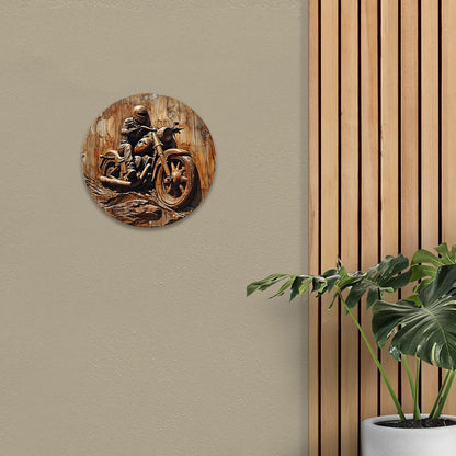 Round Metal Sign Faux Wooden Carved Painted Circular Wreath Sign Entrance Decoration Gifts Motorcycle Themed Decoration