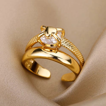Anéis de Aço Inoxidável Banhados a Ouro com Cristal para Mulheres Corrente Geométrico Zircônia Anel de Dedo Joia Presente anillos mujer 2025 Novo e Moderno