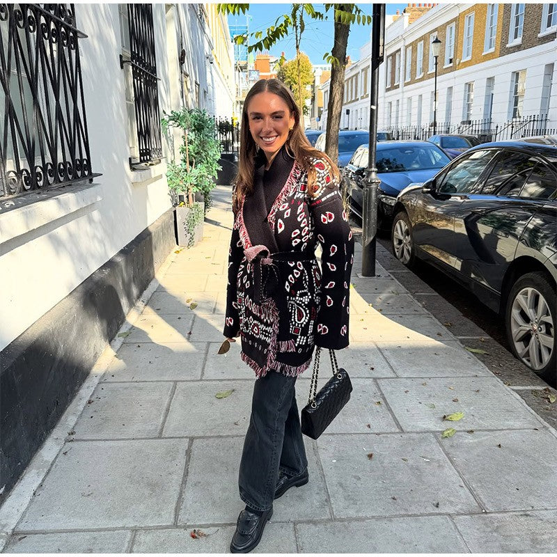 Knitted Print Lace-up Cardigan Coat Women's Elegant V-neck Tassels Full Sleeve Belted Sweaters 2025 Autumn New Ladies Outwear