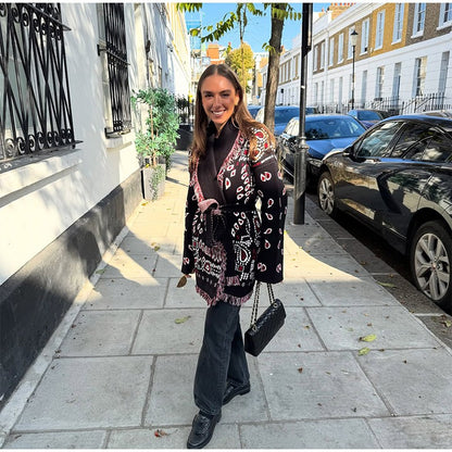 Knitted Print Lace-up Cardigan Coat Women's Elegant V-neck Tassels Full Sleeve Belted Sweaters 2025 Autumn New Ladies Outwear