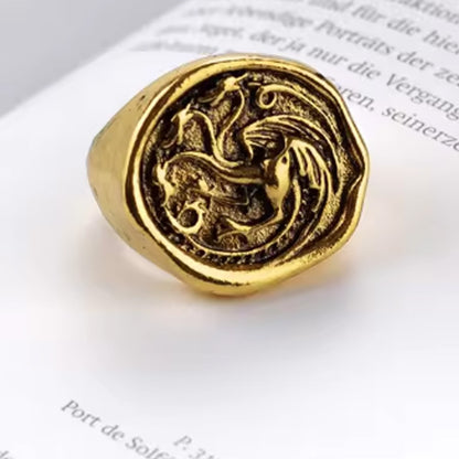 Targaryen Ring Cosplay Three Head Dragon Golden Alloy Metal Rings Fancy Props Halloween Party Costume Accessories Gifts Xmas
