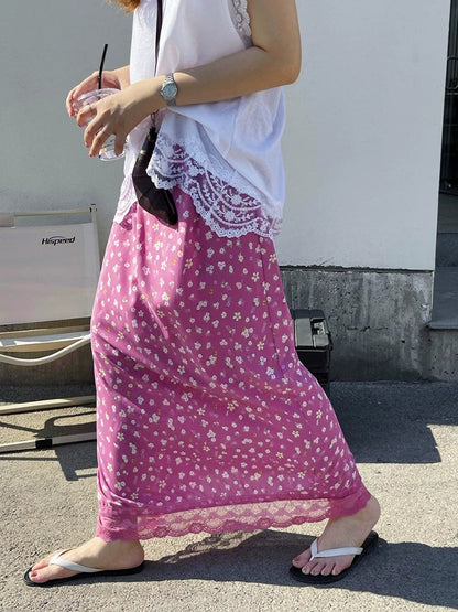 Ezgaga Skirts Women Elegant Floral Printed Lace Patchwork 2025 Summer Fashion Vintage Sweet Ladies Long Skirt Casual Chic