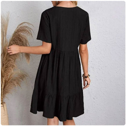 Women Summer Peplum Dresses Spring V-Neck Short Sleeve Loose Waist Ruffle Fit Fl